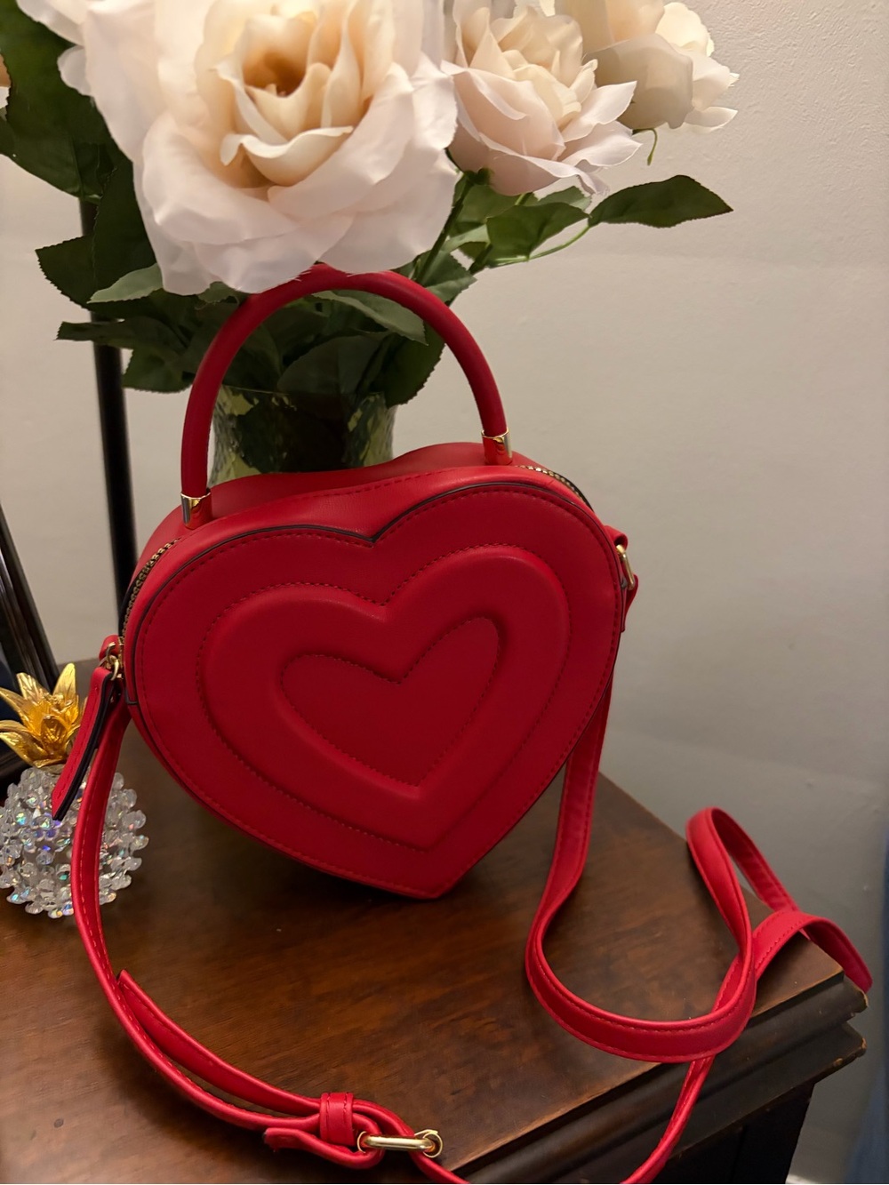 Red Heart Mini Bag with Top Handle and Crossbody Strap